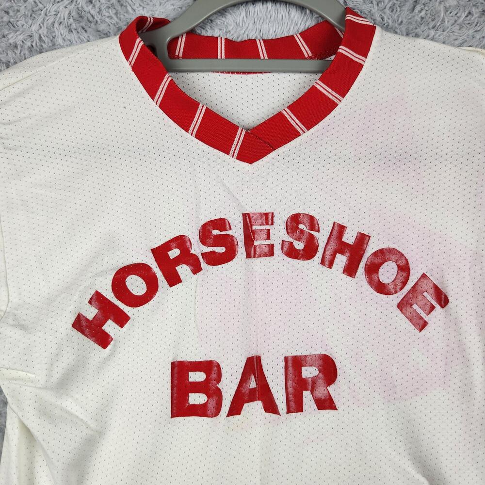 Vintage Horseshoe Bar Shirt Mens Medium White Graphic Jersey Mesh USA 80s 70s